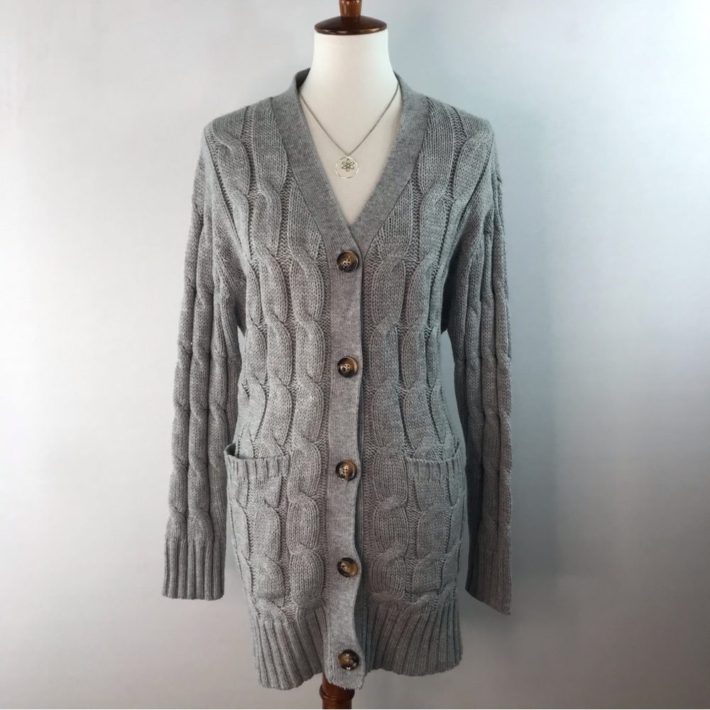 Women's Grey V-Neck Pocket Cable Knit Long Cardigan Button Down Sweater Size XXL